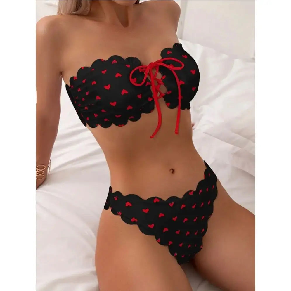 Swim Mod Heart Printed Bandeau Bikini Set Valentine Summer Beach Swimwear Bathing Suit For Women