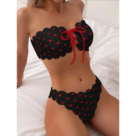 Swim Mod Heart Printed Bandeau Bikini Set Valentine Summer Beach Swimwear Bathing Suit For Women