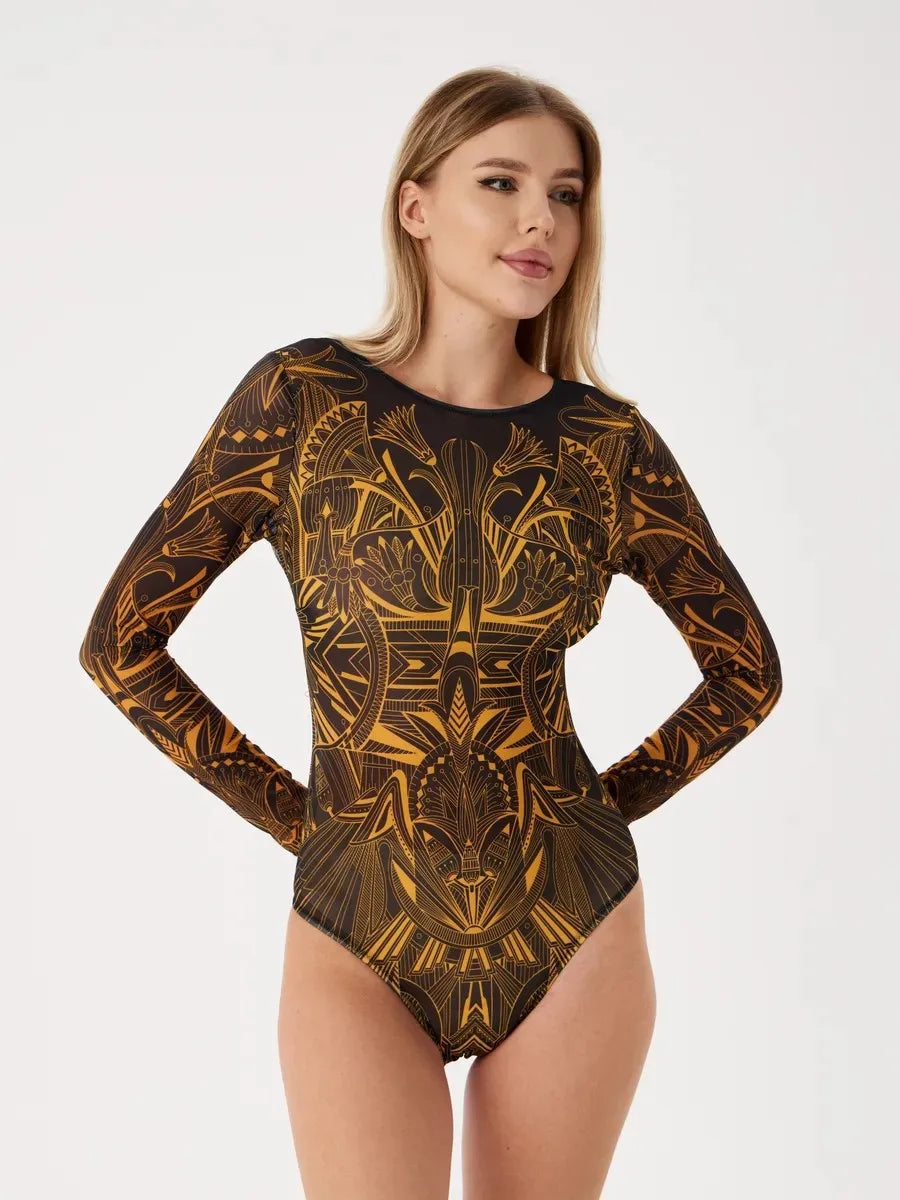 Rash Guard  Beach Print One Piece Swimsuit Beachwear Sun Protection Quick-drying Slim Long Sleeve Swimwear Swimsuit Monokini Vacation