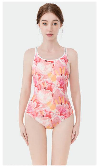 Women Flower Printed One-piece Racing Competition Swimsuit Fashion Sun Protection High Stretch Training Professional Swimwear