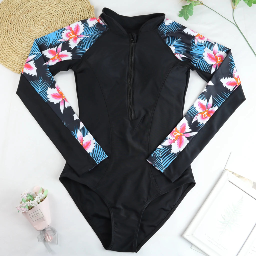 Floral One Piece Swimsuit Bikini Swimwear Women Swimsuit Zip Up Retro Bathing Suit Beachwear Monokini Female Swimming Suits