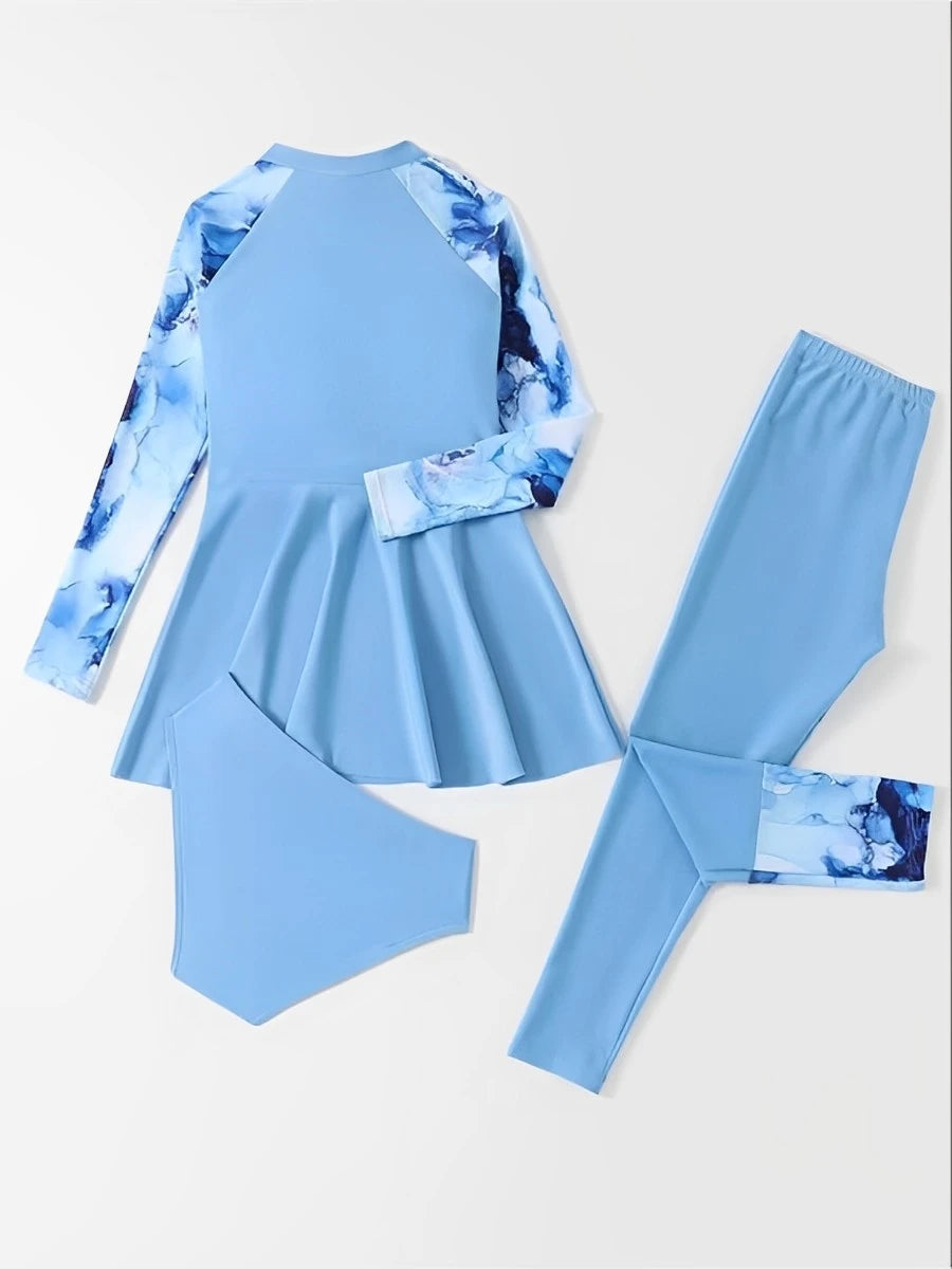 3 Pieces Girls Swimsuit Kids Swimwear Female Long Sleeve Beach Dress & Pants Children's Bathers Bathing Swimming Swim Suit