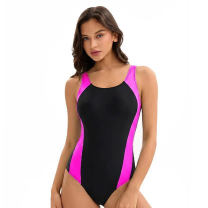 Women Color Block One Piece Swimsuit Sleeveless Tight Sports Triangle Swimwear Bathers Pool