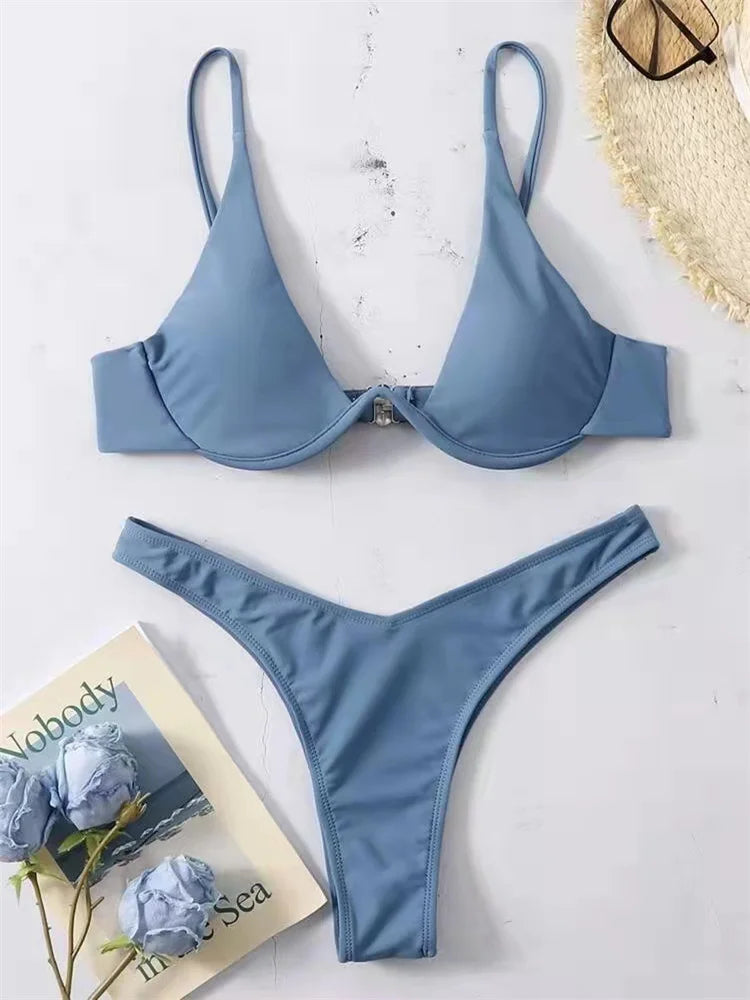 Bikini Women Solid Red Push Up Bra Thong Swimsuit Haler V Neck Bathing Suit Mini Micro Thong Swimwear