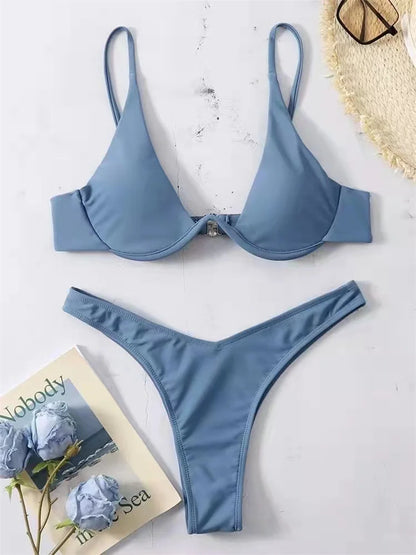 Bikini Women Solid Red Push Up Bra Thong Swimsuit Haler V Neck Bathing Suit Mini Micro Thong Swimwear