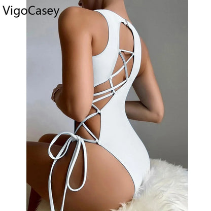 Solid High Cut Swimwear Women Backless Cross Hollow Tied One Piece Swimsuit Monokini Beach Bathing Suit