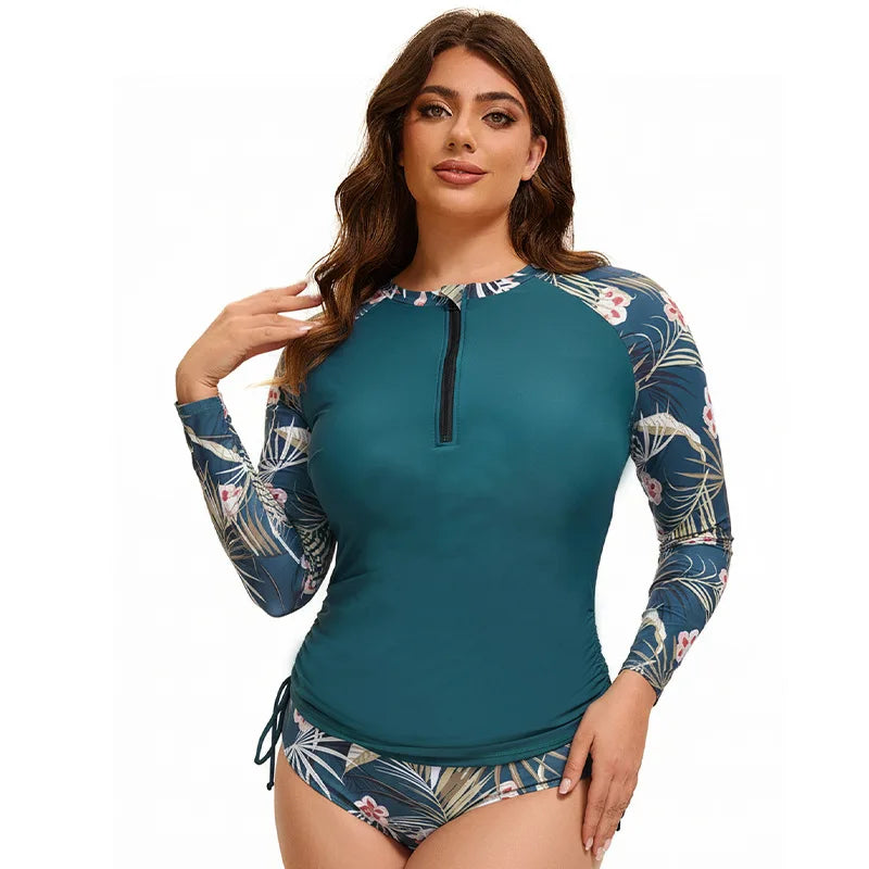 Women Plus Size Long Sleeve Swimwear Flower Printed Bathing Suit Rash Guard Built in Bra Swim Shirt  Two Piece Swimsuit XL-5XL