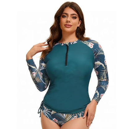 Women Plus Size Long Sleeve Swimwear Flower Printed Bathing Suit Rash Guard Built in Bra Swim Shirt  Two Piece Swimsuit XL-5XL