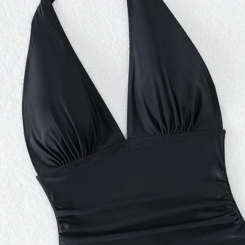 Solid Halter Tied Swimwear Women V Neck Push UP High Cut Swimsuit One Piece Backless Summer Bathing Suit