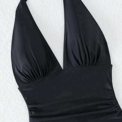 Solid Halter Tied Swimwear Women V Neck Push UP High Cut Swimsuit One Piece Backless Summer Bathing Suit