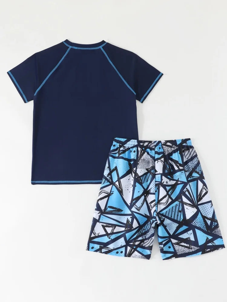 Teen Boys' Blue Geometric Short-Sleeve Rash Guard Set with Shorts
