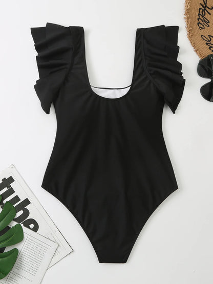 One Piece Ruffle Bodysuit Women Solid Deep V-Neck Swimwear Female Padded Swimsuit Bathing Swimming Summer Beachwear