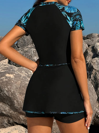 Zipper Short Sleeve One Piece Surfing Swimsuit Women With Skirt Swimwear Female Diving Clothes Bathing Swim Suit Beachwear