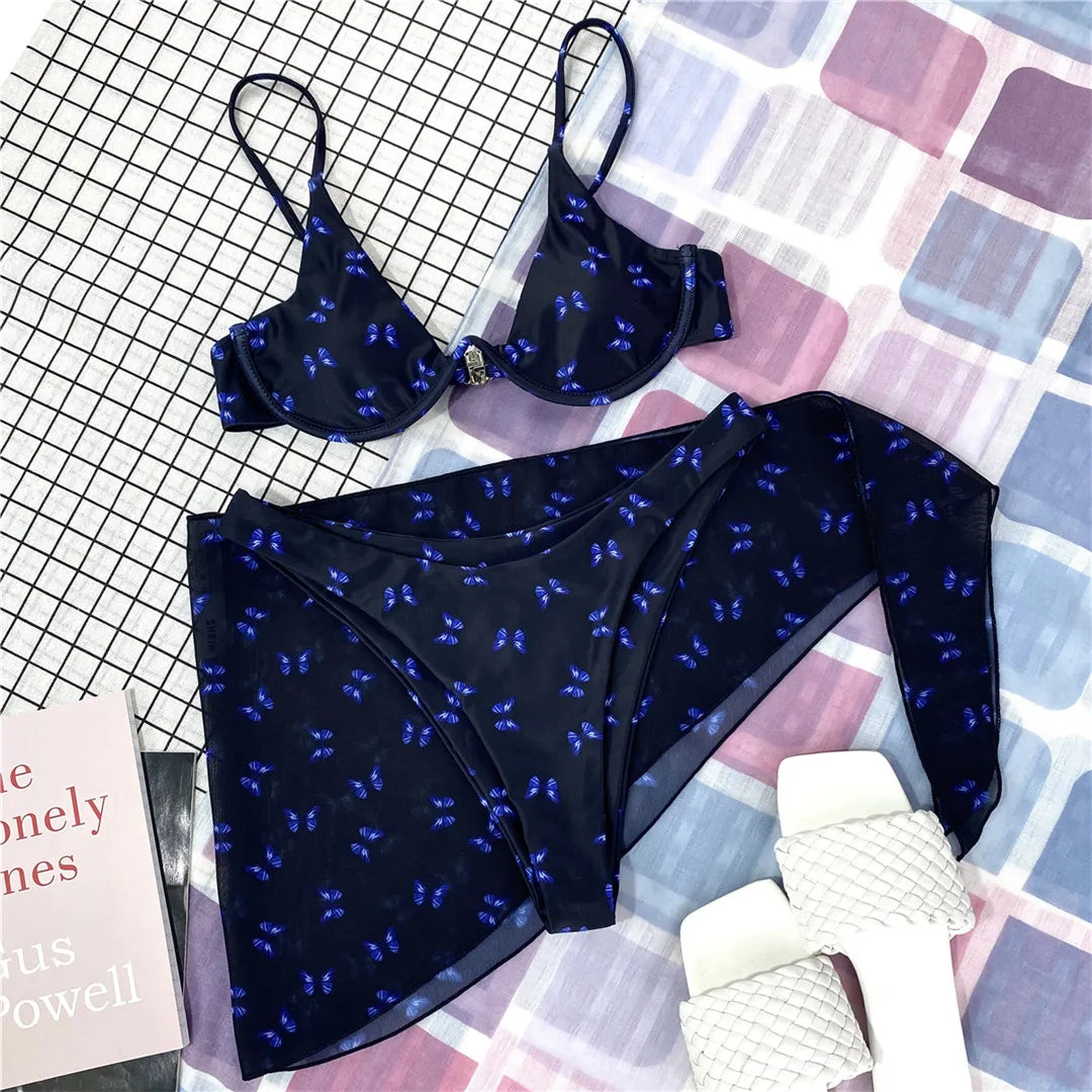 Butterfly V-bar Underwire Bikini Female Swimsuit Women Swimwear Three-pieces Bikini set Sarong Bather Bathing Suit Swim