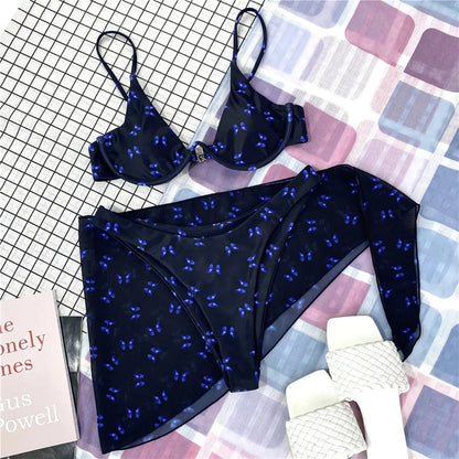 Butterfly V-bar Underwire Bikini Female Swimsuit Women Swimwear Three-pieces Bikini set Sarong Bather Bathing Suit Swim