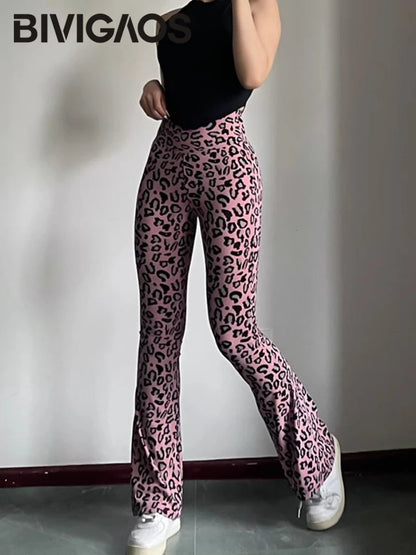 BIVIGAOS Spring Summer Leopard Print Flared Leggings Women Sharkskin High Waist Tight Sport Pilates Fitness Horseshoe Pants