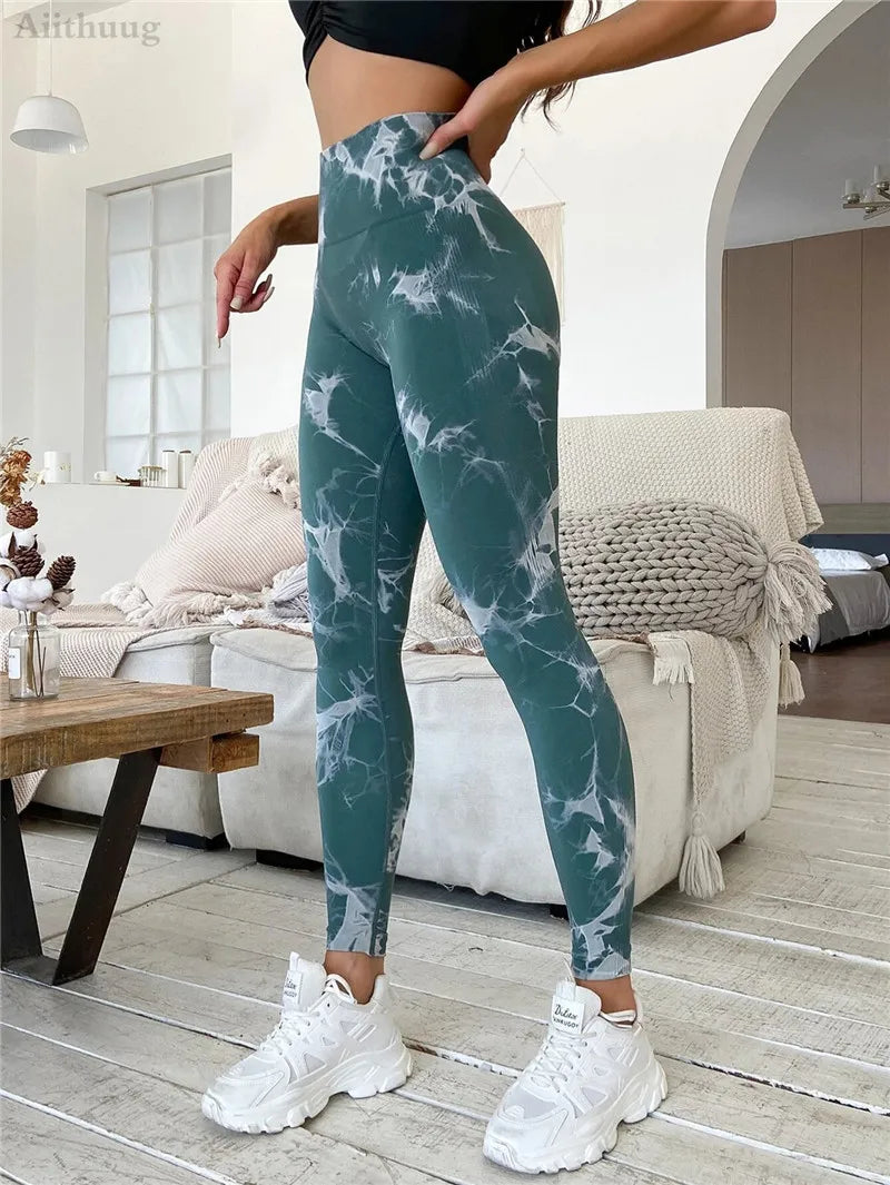 Aiithuug Womens High Waist Yoga Pants Tie Dye Ripped Tummy Control Workout Running Yoga Skinny Leggings Tummy Control Yoga Pants