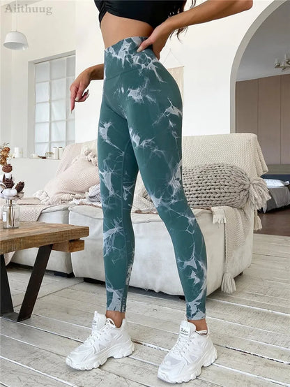 Aiithuug Womens High Waist Yoga Pants Tie Dye Ripped Tummy Control Workout Running Yoga Skinny Leggings Tummy Control Yoga Pants