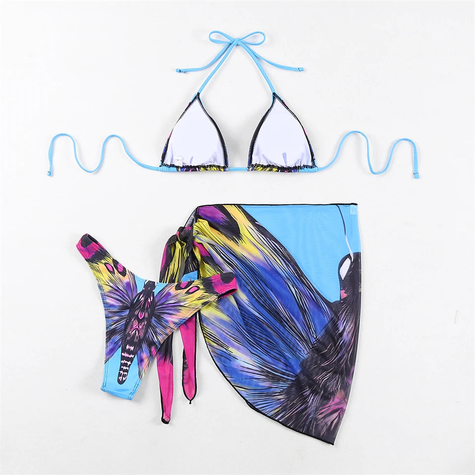 3 Pieces Bikini With Beach Skirt Butterfly Print String Bathing Suit Women Swimwear Female Swimming Swimsuit