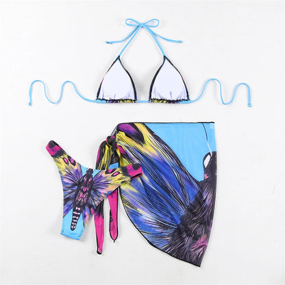 3 Pieces Bikini With Beach Skirt Butterfly Print String Bathing Suit Women Swimwear Female Swimming Swimsuit