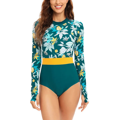 Women Print Long Sleeve One Piece Swimsuit Zipper Swimwear Bathing Suit Beach Wear Vintage Bodysuit Surfing Swim Suits