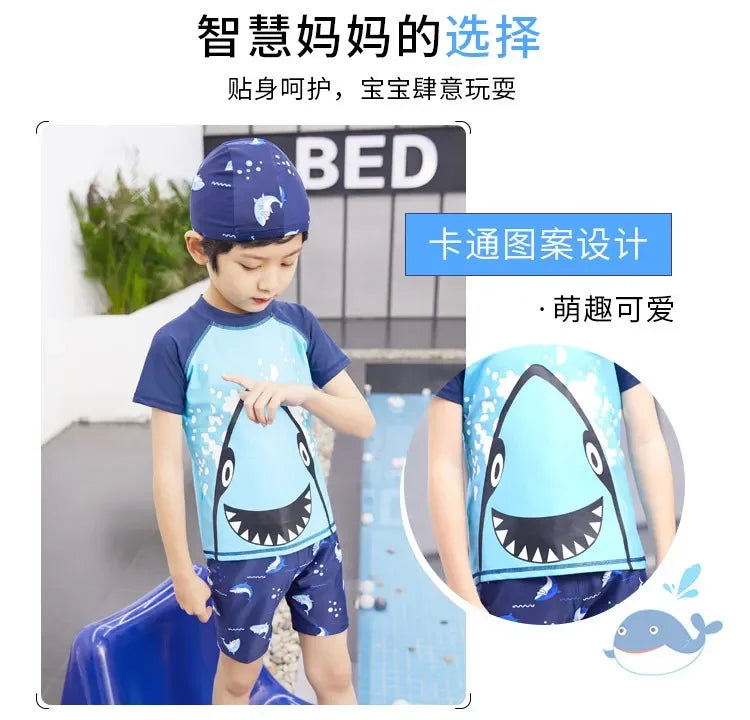 Children's Cartoon Shark Short Sleeve Split Swimwear with Swim Cap, Sun Protection Beach Wear, Baby Boys Swimsuit