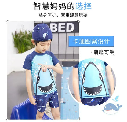 Children's Cartoon Shark Short Sleeve Split Swimwear with Swim Cap, Sun Protection Beach Wear, Baby Boys Swimsuit