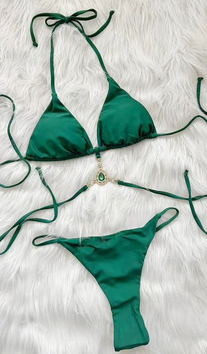 Halter Rhinestone Diamond Bikini Women Micro Thong Swimwear Female Swimsuit Two Pieces Bikini Set Satin Bathing Suit Swim Lady
