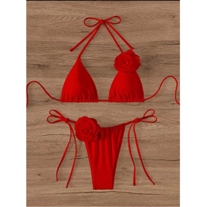 S - XL 3D Flowers Halter Strappy Bikini Women Swimwear Female Swimsuit Two-pieces Bikini set Bather Bathing Suit Swim