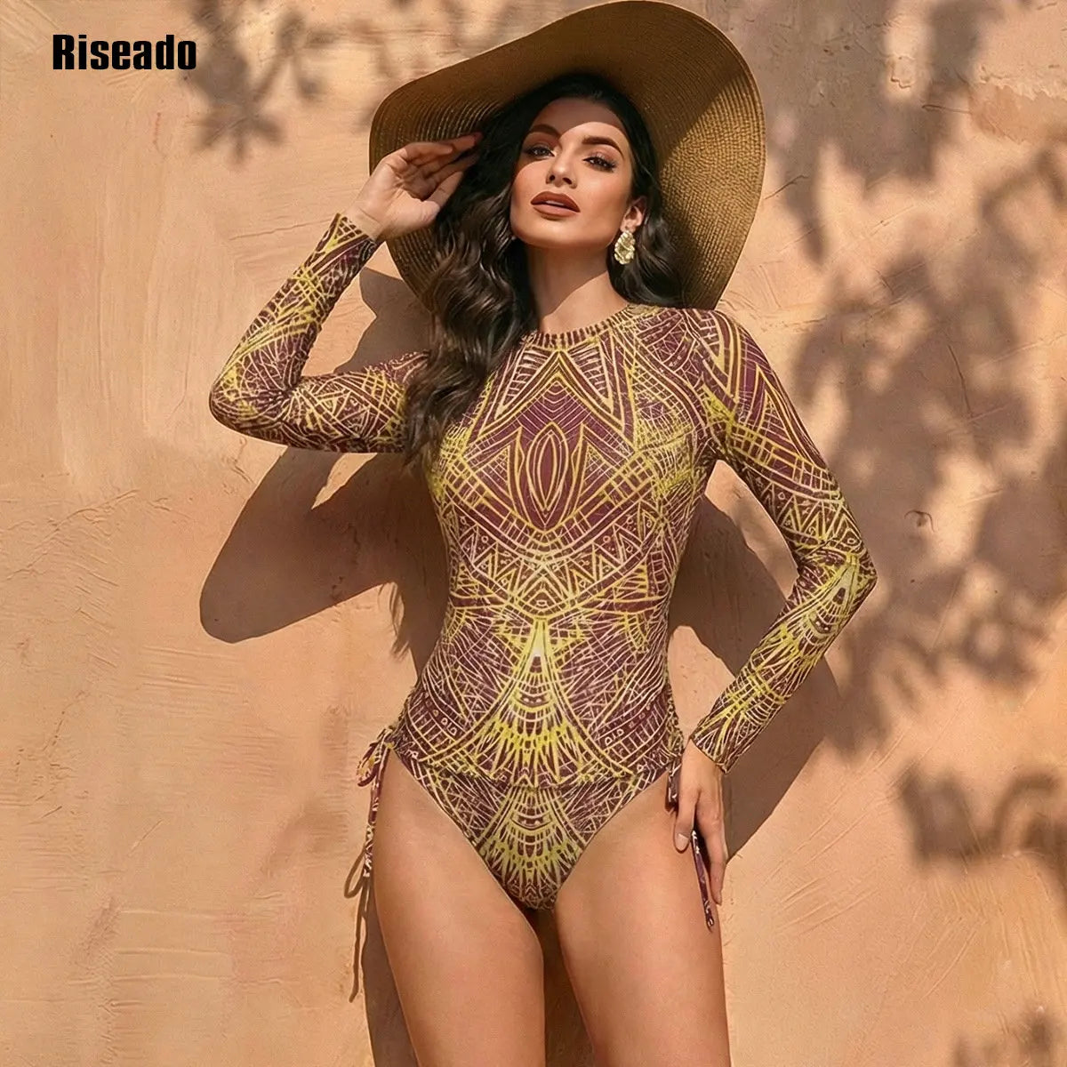 Womens Long Sleeve Mesh Rash Long Sleeve Sexy High Waist Surfing 2 Piece Swimsuit Bathing Suit Smart Fabric Swimming Suit