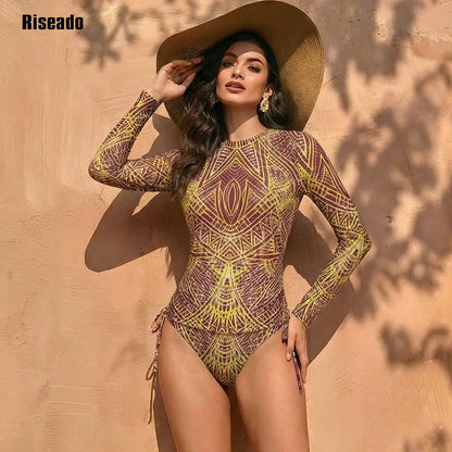 Womens Long Sleeve Mesh Rash Long Sleeve Sexy High Waist Surfing 2 Piece Swimsuit Bathing Suit Smart Fabric Swimming Suit