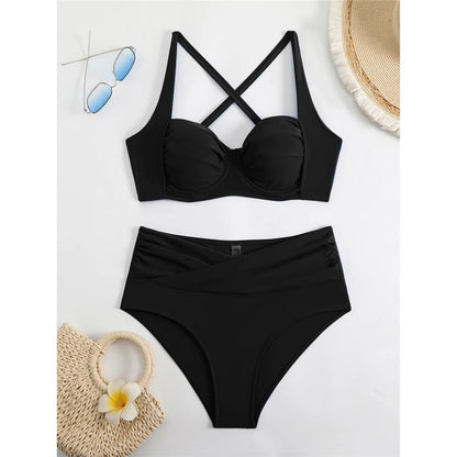 Pleated Underwired Padded Female Swimsuit High Waist Bikini Women Swimwear Two-pieces Bikini set Bather Bathing Suit Swim