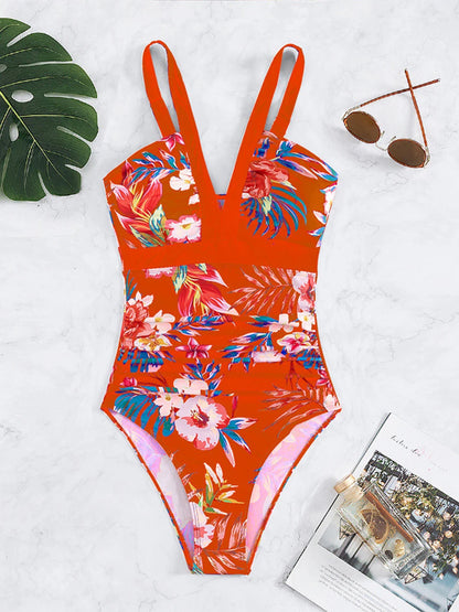 Deep V-Neck One Piece Lady Swimsuit Print Swimwear Women Bathing Swimming Suit Female Padded Beachwear Bodysuit Summer
