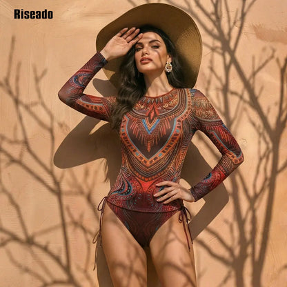 Womens Long Sleeve Mesh Rash Long Sleeve Sexy High Waist Surfing 2 Piece Swimsuit Bathing Suit Smart Fabric Swimming Suit