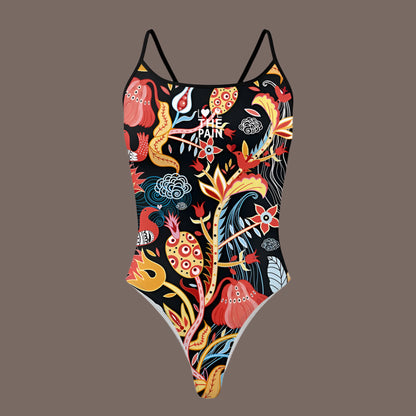 Love The Pain Summer Flower Lines Print Ladies One Piece Swimsuit