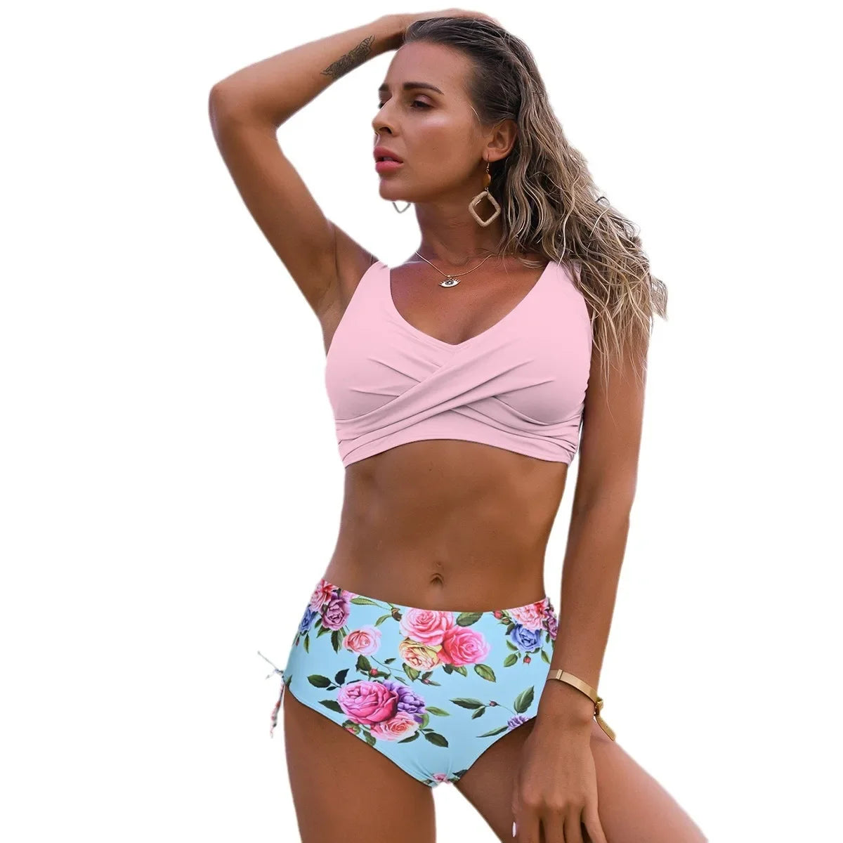 High Waist Bikini Set Push Up Bandage Swimwear Women Print Floral Two Pieces Swimsuit Beach Wear Strappy biquini