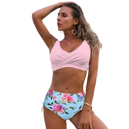 High Waist Bikini Set Push Up Bandage Swimwear Women Print Floral Two Pieces Swimsuit Beach Wear Strappy biquini