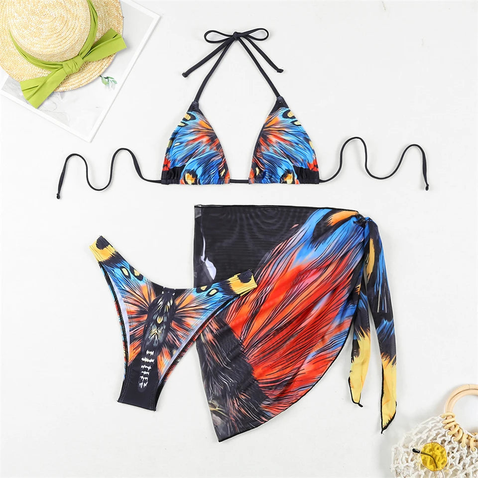 3 Pieces Bikini With Beach Skirt Butterfly Print String Bathing Suit Women Swimwear Female Swimming Swimsuit