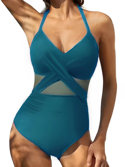 Vintage Strappy Swimsuit Women One Piece Solid Mesh Swimwear Female Bathers Bathing Swimming Swim Suit Beachwear XXL