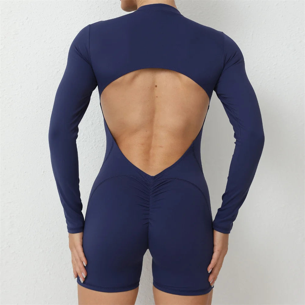 Pad Zipper Long Sleeve Yoga Set Women One Piece Jumpsuit Gym Workout Shorts Fitness Bodysuit Sports Athletic Suit XP358