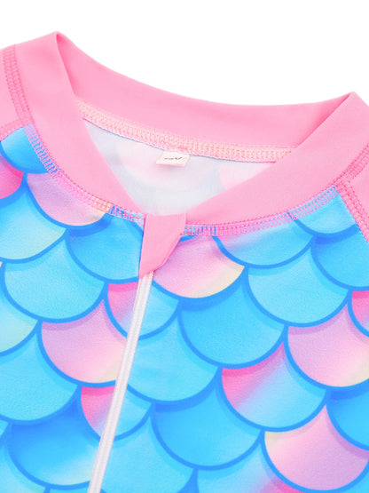 Swimwear Kids Girl Patchwork Pink Long Raglan Sleeve Swimming Suit Kids Scale Print Pattern Swimsuit Bikini Cut Bottom Zipper
