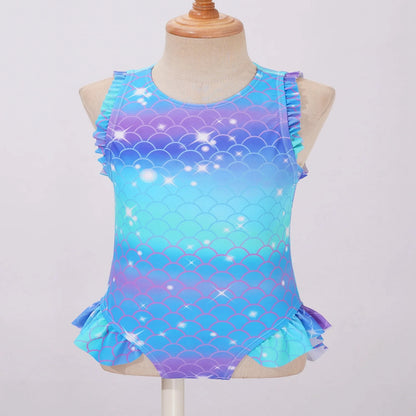 Kids Girls Mermaid Swimsuit Sleeveless Fish Scales Print Ruffle Flounce Jumpsuit Bathing Suit Pool Beach Athletic Swimwear
