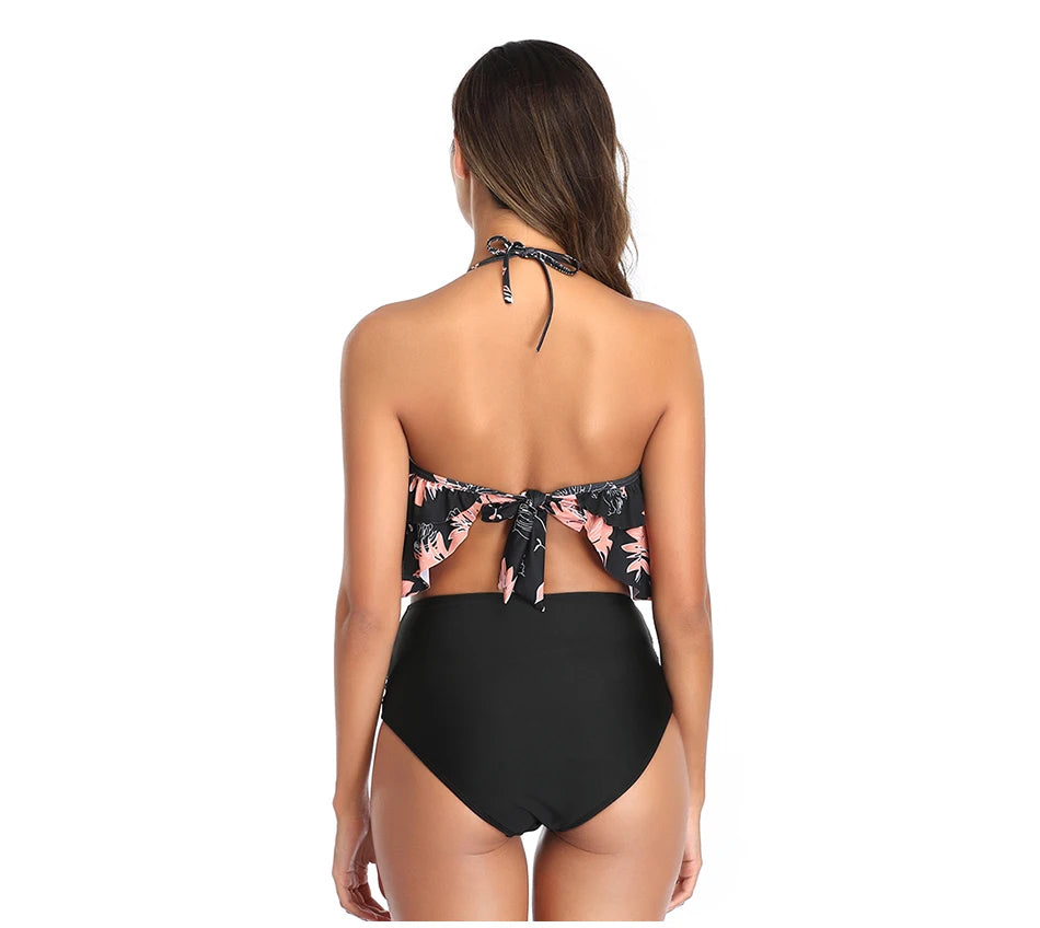 Swimwear Women Halter Ruffle Bikinis High-Waist Split Two-Piece Off Shoulder Swimsuit Pool Beachwear Bathing Suit Plus Size XXL