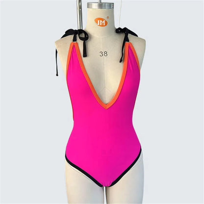 S - XXL Deep V Neck Backless One Piece Swimsuit Women Swimwear Female Monokini High Leg Cut Bather Bathing Suit Swim