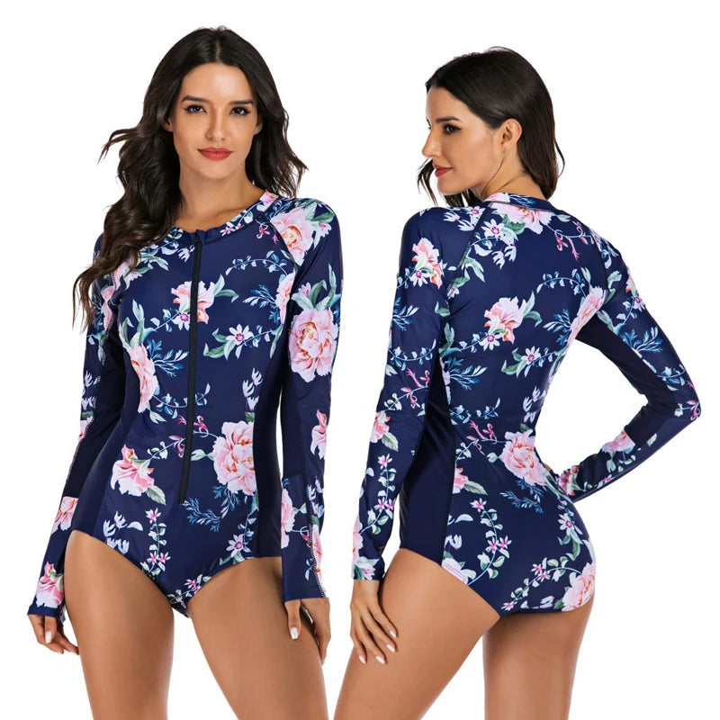 Female One-piece Wetsuit Long Sleeve Swimsuit Surfing Swimwear Women Jumpsuit Zip Front Swimsuit Diving Snorkeling Rash guard 2XL