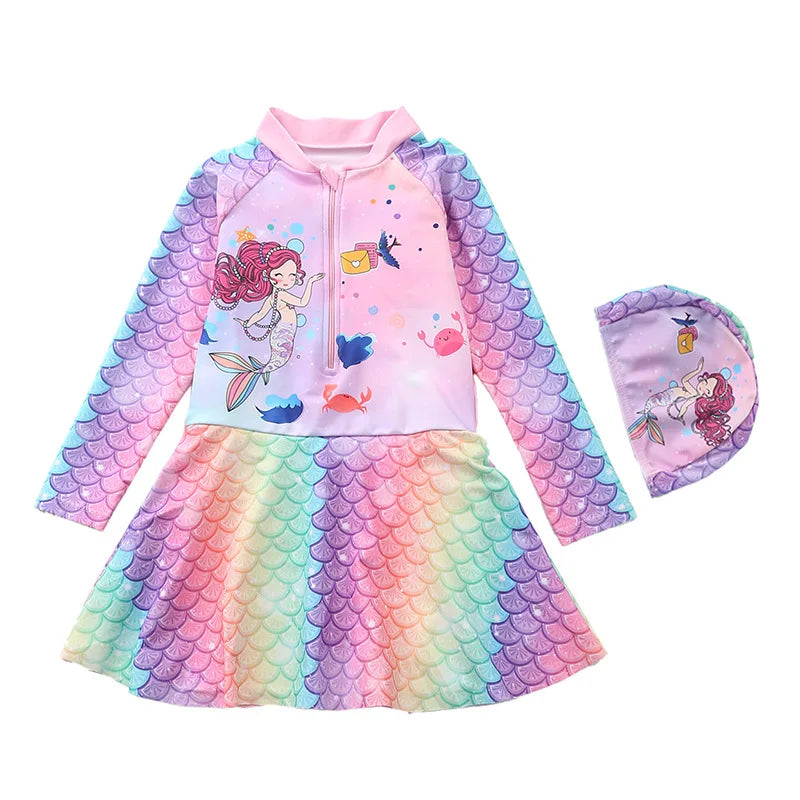 Mermaid Swimsuit for Girls Long Sleeves Children's Swimwear Front Zipper One-Piece Swimming Dresses Summer Beach Bathing Suit