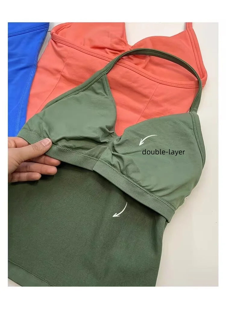 Longline Strappy Gym Top Custom Logo Backless Gym Clothes Women Scrunch Built-in Bra With Removable Cups Yoga Tank Tops