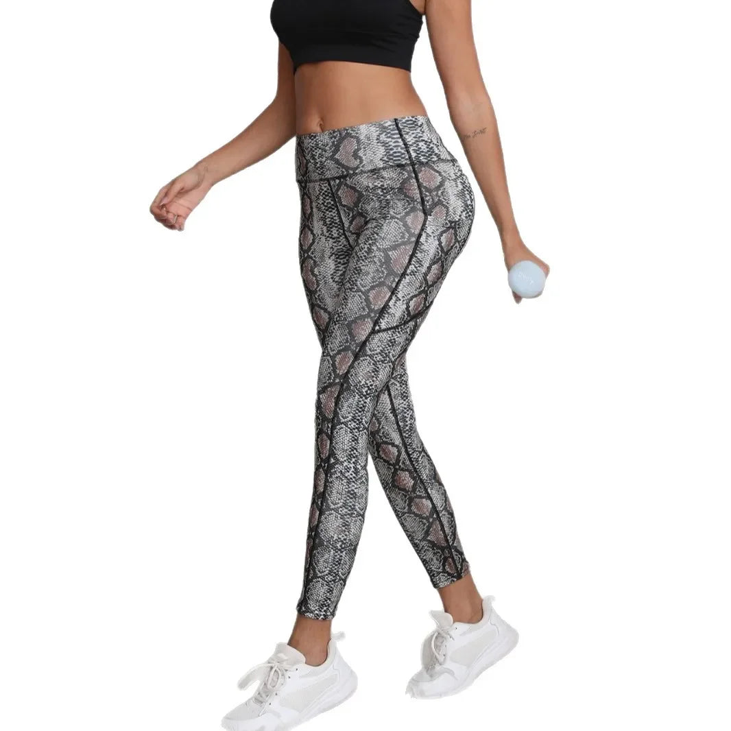 Printed Yoga Pants Running Sports Fitness Shorts Pockets Design Slimming Butt Lifting Nine Points Gymnastics Long Trousers
