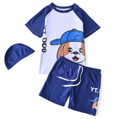 Children's Swimming Suit Teenage Boys' Swimsuits with Cap Cartoon Dog Sun Protection Short Sleeved Sports Swimwear Kids