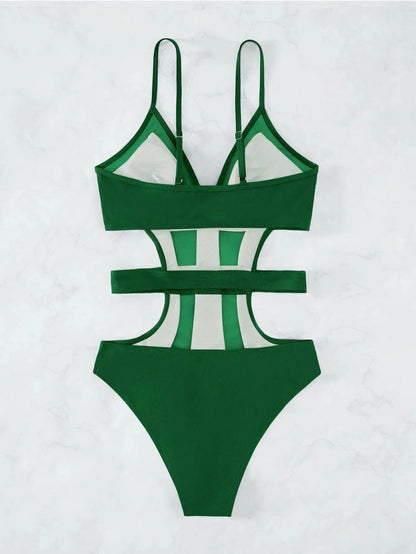 Women's Cut Out Waist Contrast Mesh Swimsuit, Summer Beach Swimwear, Bathing Suit for Women